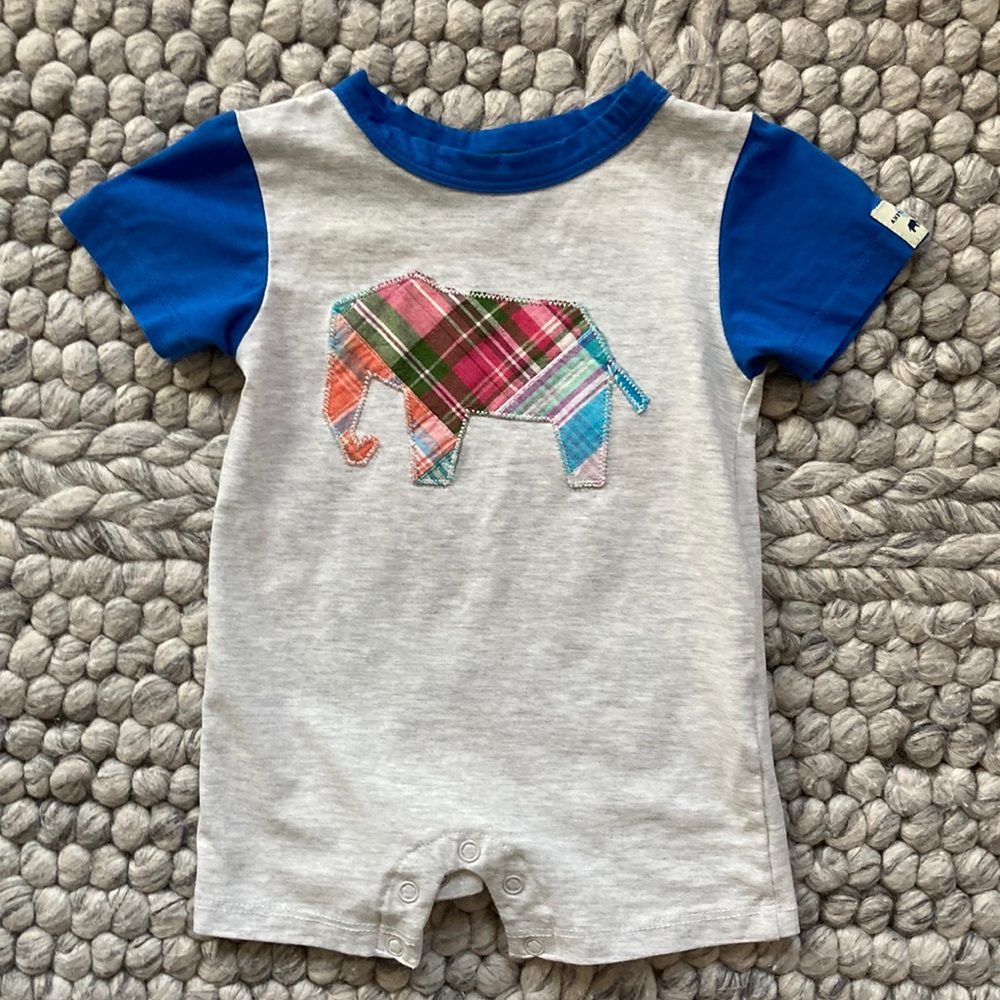 Adorable Andy & Evan romper with plaid elephant appliqué